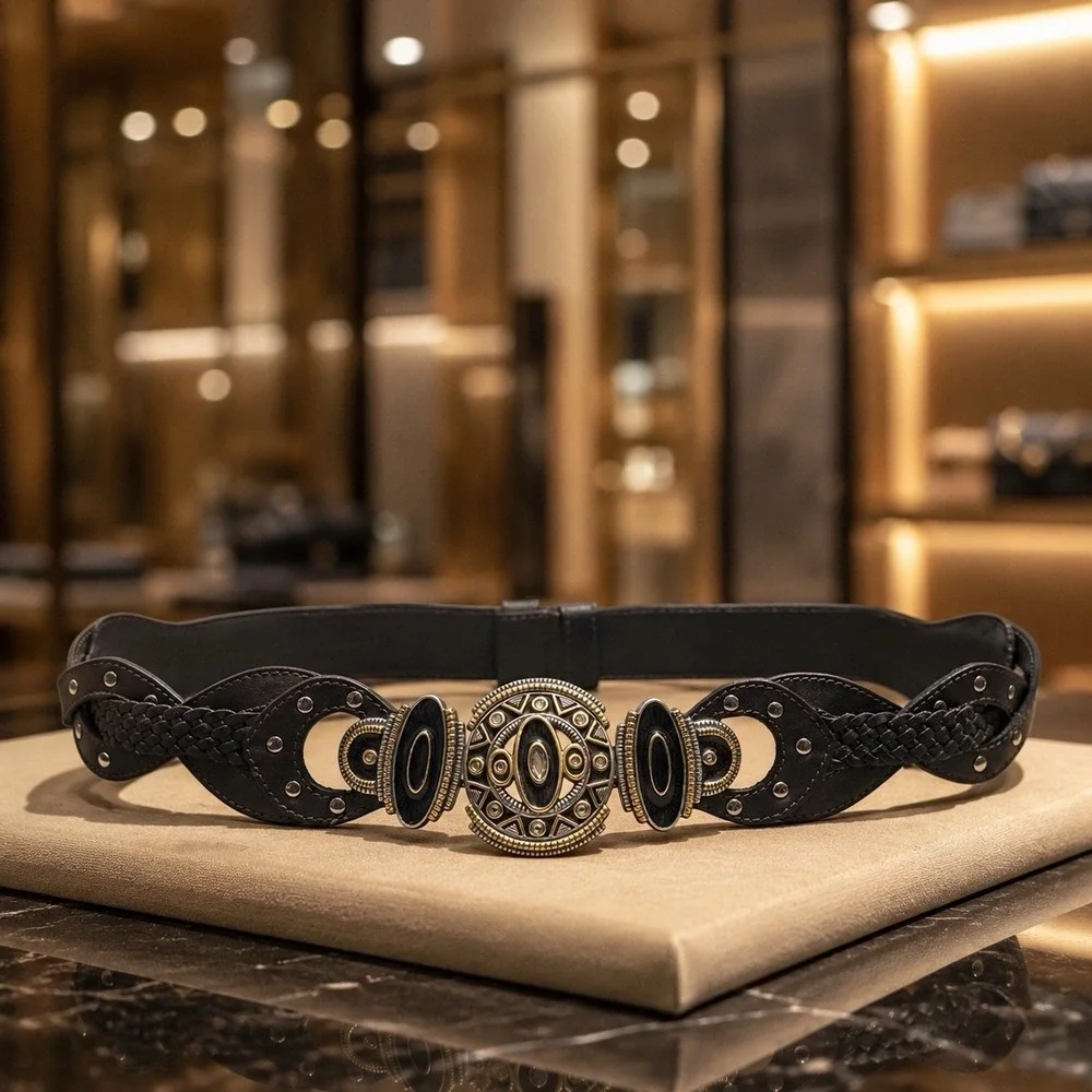 Chico's Genuine Leather Belt Silver And Gold Ornate Buckle Rodeo‎ Boho Luxury